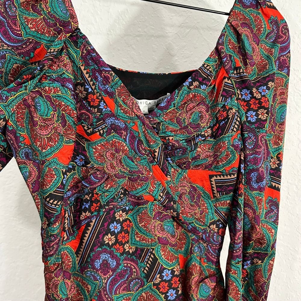 Veronica Beard Bellino Silk Long Sleeve Paisley Mini Dress Flame Red Size 4 Boho - Picture 7 of 12